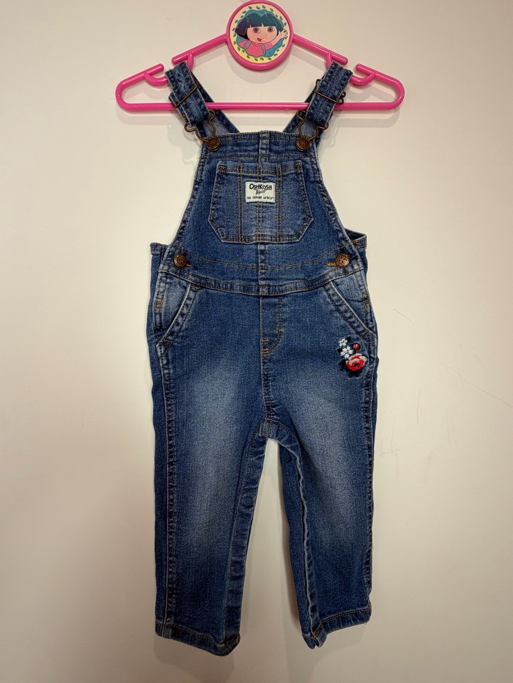 OshKosh B'gosh Blue Denim Overalls with Flower Patch 18 Month Girls
